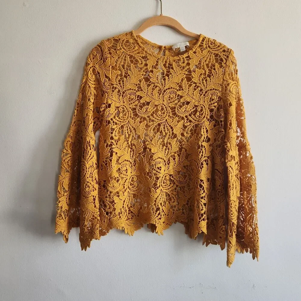 eri + ali  Marigold embroidered lace blouse bell sleeves XXSP romantic festival